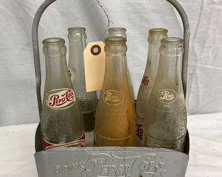 Pepsi-Cola Glass Bottles in Embossed Metal Carrier
