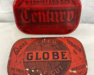 Two Red Lithographed Tobacco Tins: P. Lorillard Century and Globe Fine Cut