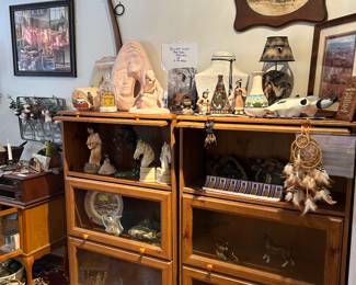 barrister lawyer cabinets (4), Native American and western memorabilia including Gun Smoke video collection.