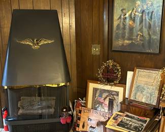 Electric fireplace and heater.  Civil war and Americana  pictures, reading materials and home furnishings.