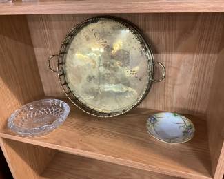 Princess House Lead Crystal Ashtray - Brass Bamboo Design Serving Tray - Porcelain Possibly Nippon Bowl