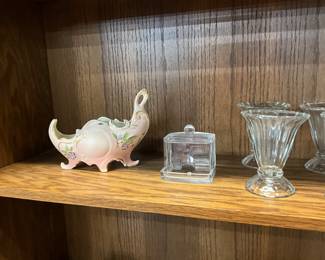 Porcelain Coventry Plater/Vase & Clear Cotton Sway/Q-Tip Dispenser