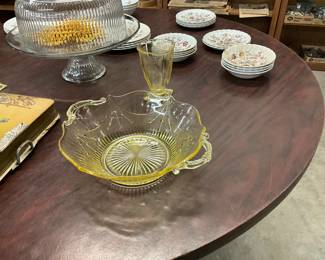 Lancaster Yellow Vaseline Depression Glass Bowl
