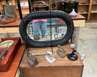 Black Wicker Framed Mirror & Sad Irons & Microphone & Stand