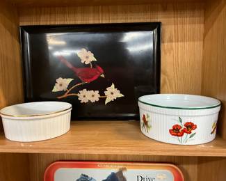Apilco or Corning Ware Souffle Dish - National Wildlife Federation Souffle Dish - Couroc of Monterey Cardinal & Dogwood Serving Tray
