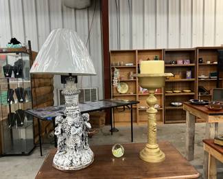 Neoclassical Cereamic Putti Cherub Table Lamps & Pedestal Candle Holder