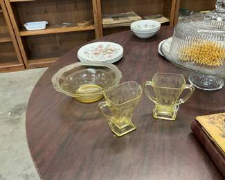 Indiana Yellow Depression Glass Sugar & Creamer Lorain Basket Pattern & Federal Glass Yellow Depression Glass Bowl Madrid Pattern
