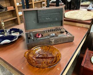 Easydriver Ratchet Tool Set in Wooden Box - Indiana Glass Iridescent Amber Glass Divided Relish Dish