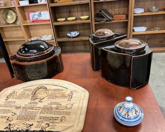 Grandmas Original Turkey Cutting Board & Brown Potter Canisters & Moroccan Tagine Spice Holder