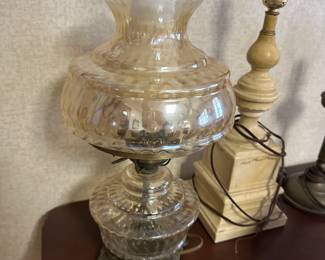 This is a lovely vintage optic, pale, pink glass hurricane lamp. It has been electrified.