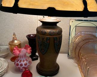 This pic has lots going on! Beautiful vintage glass…Fenton, Depression, Jefferson Glass and that beautiful Art Deco Slag Glass Lamp.