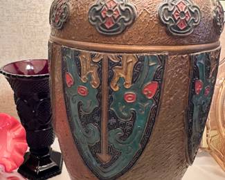 The base of the lamp is Tokanabe Art Vase. The slag glass lamp and base are Art Deco and circa 1920’s. In EXCELLENT condition. (Please note: per the families request, this item will not be discounted to 50% off on Sunday.)