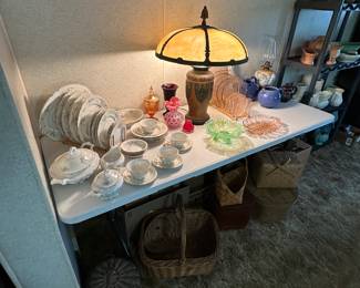 Table filled with lots of china, glass and a FANTASTIC Art Deco Slag Glass Lamp!
