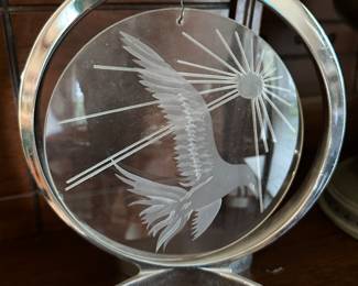 A Vintage Picasso Peace Dove Etched Glass Sculpture on Chrome Stand! BEAUTIFUL!