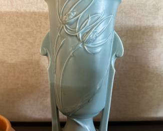 A beautiful Vintage Art Deco Roseville Pottery Teasel Vase in Blue! Produced in 1938!