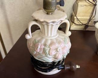 This is a lovely little vintage hand, painted porcelain lamp, pink flowers with green leave!