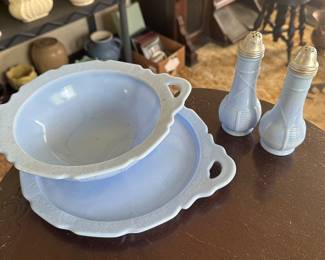 Jeannette Depression Glass Delphite Blue Bowl & Platter Cherry Blossom Pattern! + Salt and Pepper Shaker Set!