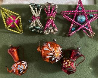 Love the glass bead Victorian ornaments and dainty tea pots