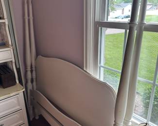 This is a lovely three-piece bedroom set for a young lady and the French provincial style white with gold trim! Full size bed, dresser with top shelves and a nightstand! In excellent condition