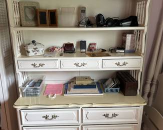 This is a lovely three-piece bedroom set for a young lady and the French provincial style white with gold trim! Full size bed, dresser with top shelves and a nightstand! In excellent condition