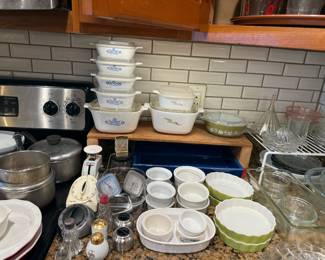 Corning ware (Wheat and Blue Corn Flower), Pyrex,  Timers, Scale, Meat Thermometer, Salt and Pepper Shakers, Ramekins, Porcelain Baking Dish.