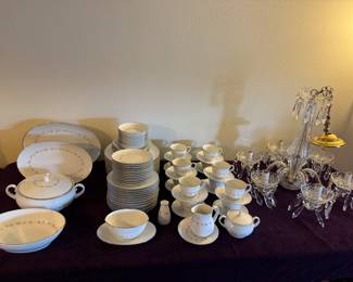 Noritake CHERI China (12 Dinner Plates, 13 Salad Plates, 5 Soup Bowls, 11 Fruit Bowls, 12 Bread and Butter Plates, 1 Cream and 1 Sugar Bowl, 12 footed cups,13 saucers,1 Pepper Shaker, 2 Oval Platters, 1 Covered Casserole, 1 Vegetable Dish, 1 Gravy Boat with attached underplate.)