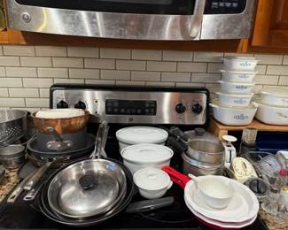 Copper Mixing Bowl, Pots, Pans, Porcelain Dutch Oven/Casserole Bakers, Red and White Stoneware Skillet Quiche Dish, 