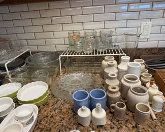 A&W Mugs, Glass Plates, Vintage Stoneware Bottles/Pots/Containers/Pie Funnel Vents