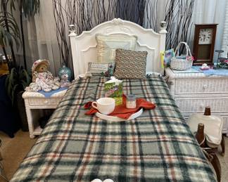 Holland House Furniture Single Bed/Twin, White Wicker Nightstand, White Wicker Dresser, White Whicker Floating Mirror, Mantel Clock, White Whicker Basket, Willow Twig Backdrop, Moffat Wool Blanket, Collectible Missy Tea Bear, Silk Money Tree Plants