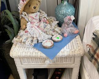 White Wicker Nightstand,  Collectible Missy Tea Bear