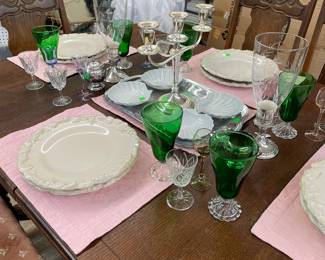 Vintage Dining Table with Hidden Leaves Seats Six, Gorham Sterling Silver Candle Holders with Wheat Patterned Glass Hurricane Shades, Candelabra, Vintage Mid-Century Anchor Hocking Boopie Glass Set Emerald/Forrest Green