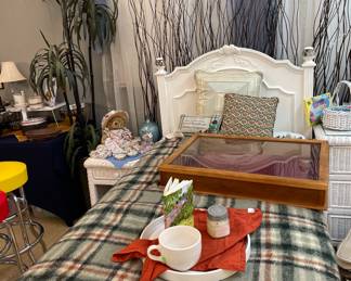 Holland House Furniture Single Bed/Twin, White Wicker Nightstand, White Wicker Dresser, White Whicker Floating Mirror, Mantel Clock, White Whicker Basket, Willow Twig Backdrop, Moffat Wool Blanket, Collectible Missy Tea Bear, Silk Money Tree Plants