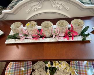 Seashell Covered Glass and Tray Candlelight, Sofa/Entrance Table, Charger Plates, Silk Orchid Plant, Dollie 