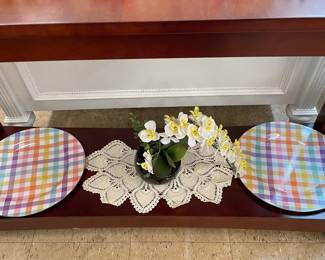 Charger Plates Patel Plaid, Orchid Silk Potted Plant, Dollie 