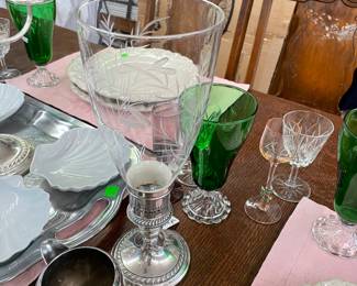 Vintage Dining Table with Hidden Leaves Seats Six, Gorham Sterling Silver Candle Holders with Wheat Patterned Glass Hurricane Shades, Candelabra, Vintage Mid-Century Anchor Hocking Boopie Glass Set Emerald/Forrest Green