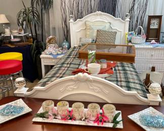 Holland House Furniture Single Bed/Twin, White Wicker Nightstand, White Wicker Dresser, White Whicker Floating Mirror, Mantel Clock, White Whicker Basket, Willow Twig Backdrop, Moffat Wool Blanket, Collectible Missy Tea Bear, Silk Money Tree Plants, Tea Lights Seashells, Throw Pillows, Jewelry Display Case