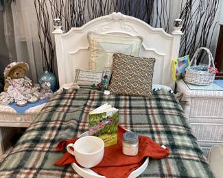 Holland House Furniture Single Bed/Twin, White Wicker Nightstand, White Wicker Dresser, White Whicker Floating Mirror, Mantel Clock, White Whicker Basket, Willow Twig Backdrop, Moffat Wool Blanket, Collectible Missy Tea Bear, Silk Money Tree Plants