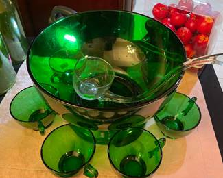 Beautiful Emerald Green Punch Bowl with Glass Laddle