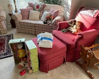 2 matching white & red loveseats. Red chair & ottoman 