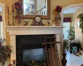 Antique sled & mirror & accessories 