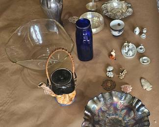Sterling silver, cobalt glass jars, carnival glass, broaches, mini tea set.