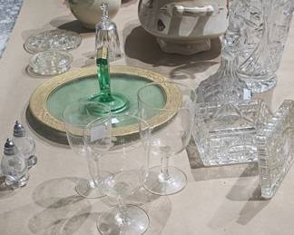 Polish 24% leaded crystal vase, wine glasses, green Cambridge glass serving platter
