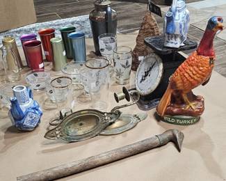 Sterling silver pitcher, antique solid brass duck head cane, antique general store scale, brass candle sconces