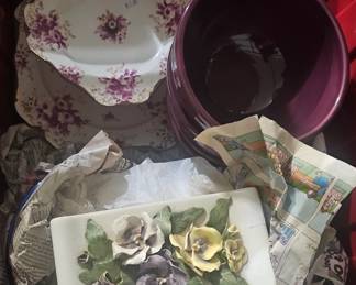 Cake stand, ceramic sewing box, set of bowls