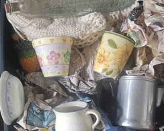 Corn jar, stovetop aluminum percolator, Correlle & Pfaltzgraff dishes