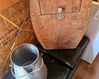 Early 50's wood live well, storage ottoman, metal pitcher