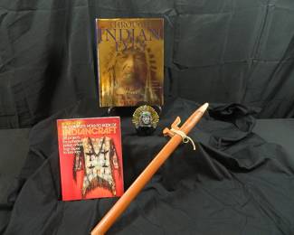 Indian Belt Buckle, Wooden Instrument and Books