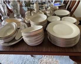 Lenox Solitaire China 12 place settings with all serving pieces. Platinum trim.