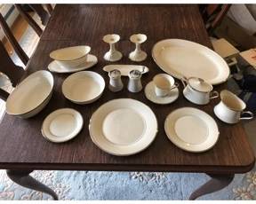 Lenox Solitaire China 12 place settings with all serving pieces. Platinum trim.