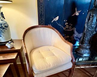 Mid century bamboo carved barrel back chairs, one of pair